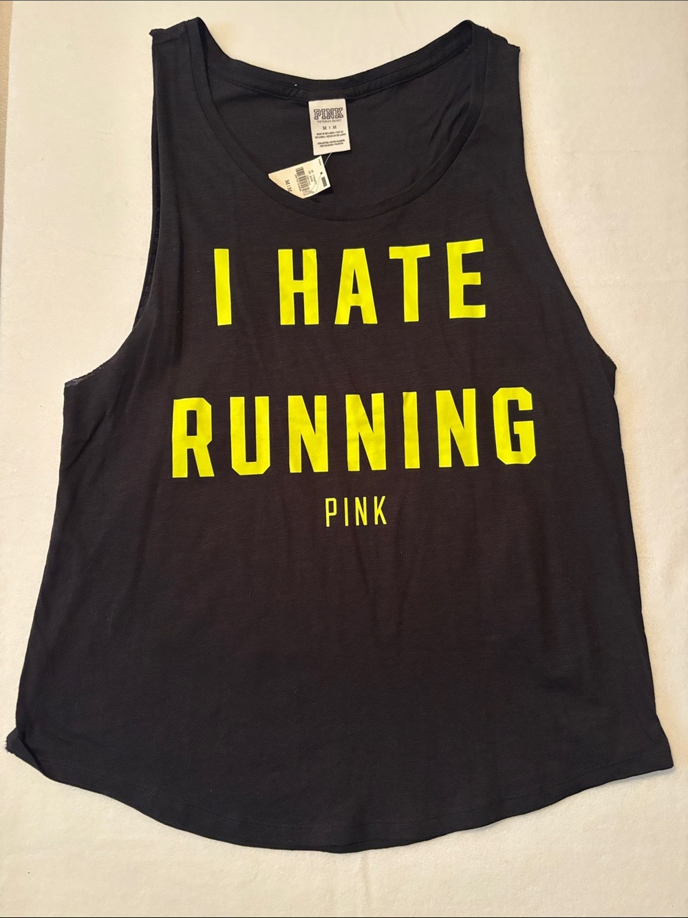 Victorias Secret PINK Black Tank Top with Neon Yellow 'I HATE RUNNING' Graphic